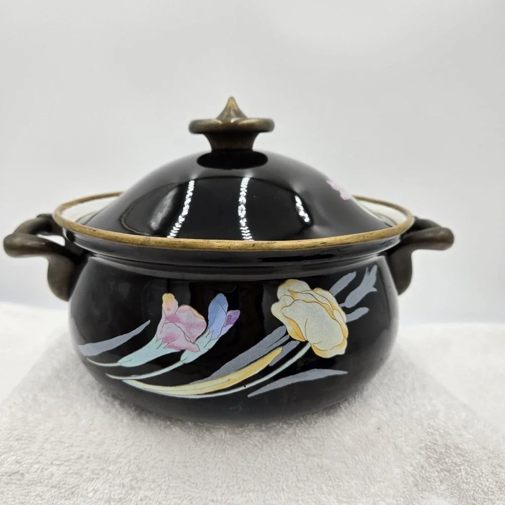 Vtg Mikasa Grande Chef UN710 Charisma Black Enamel Pot Cookware Iris Floral